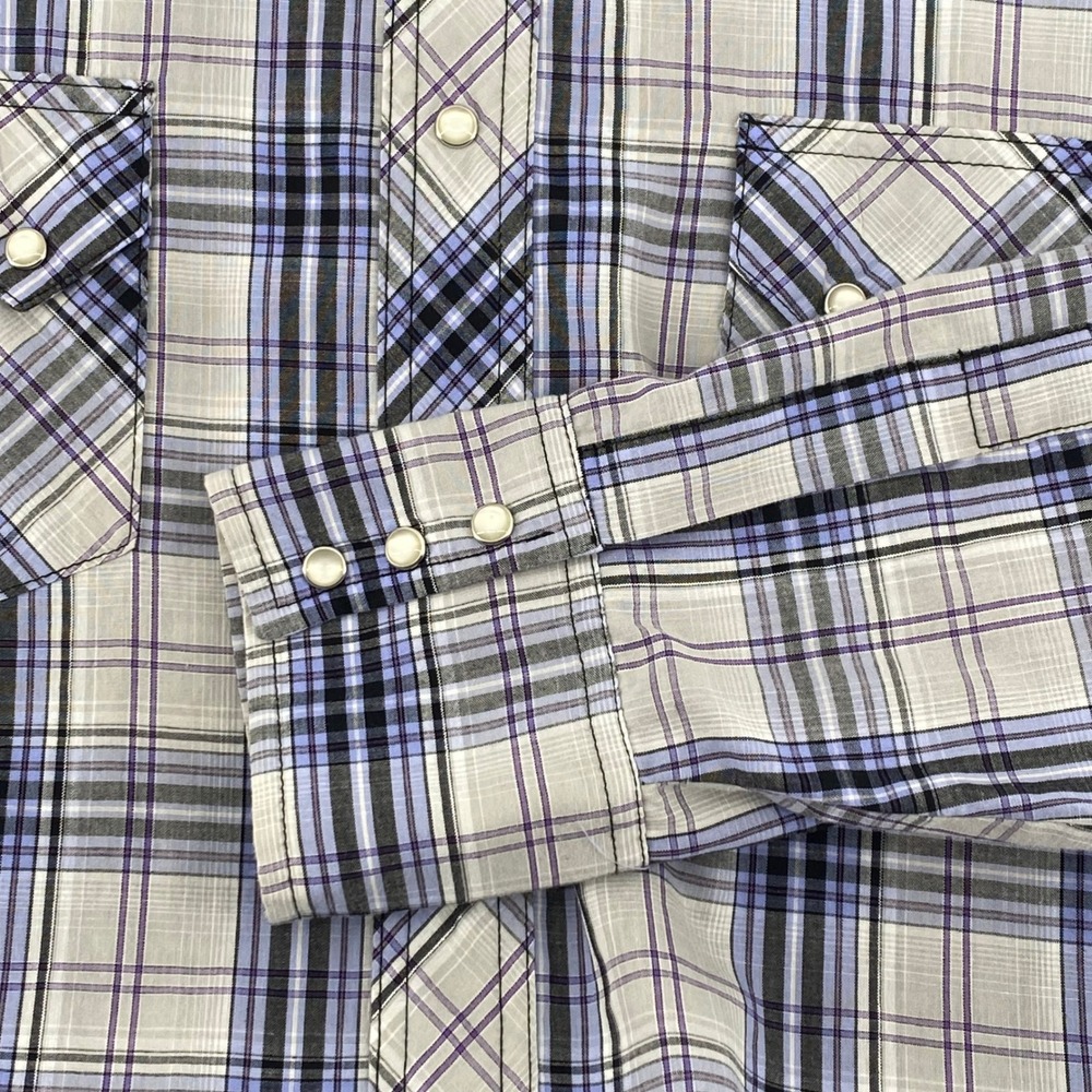 Wrangler Men Western Fashion Snap Shirt Blue Purple Plaid Pearl Snap Long Sleeve - Picture 3 of 8